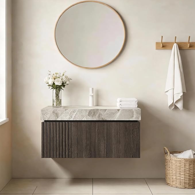 Ambrovina 30" Floating Bathroom Vanity with Sink, Modern Plywood Bathroom Storage Cabinet with Drawer and Door, Gray Sintered Stone Countertop and Ceramic Basin, Pre-Assembled, Espresso Woodgrain