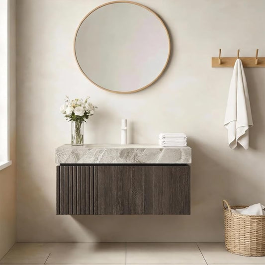 Ambrovina 30" Floating Bathroom Vanity with Sink, Modern Plywood Bathroom Storage Cabinet with Drawer and Door, Gray Sintered Stone Countertop and Ceramic Basin, Pre-Assembled, Espresso Woodgrain