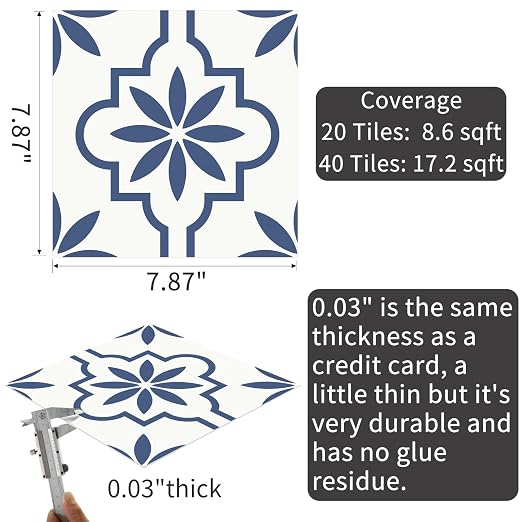 MORCART Peel and Stick Floor Tile, Vinyl Flooring Waterproof, DIY Flooring for Bathroom, Kitchen, Fireplace, Pet House, Stairs, Bedrooms, Wall (40PCS,7.87" x 7.87",Blue)