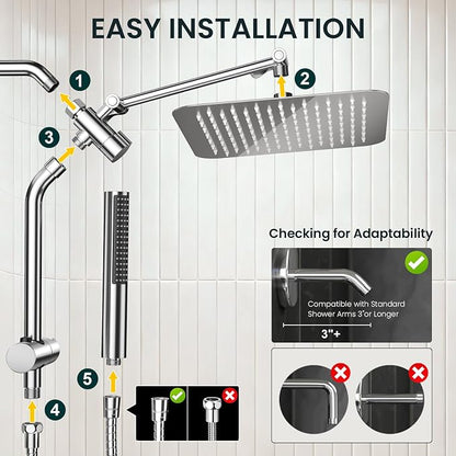 Veken 10" Luxurious Rain Shower Head with Handheld, High Pressure Rainfall Shower Heads wih Extension Arm, Wide Dual Showerhead with Spray Combo, Bathroom Accessories, Chrome, Silver