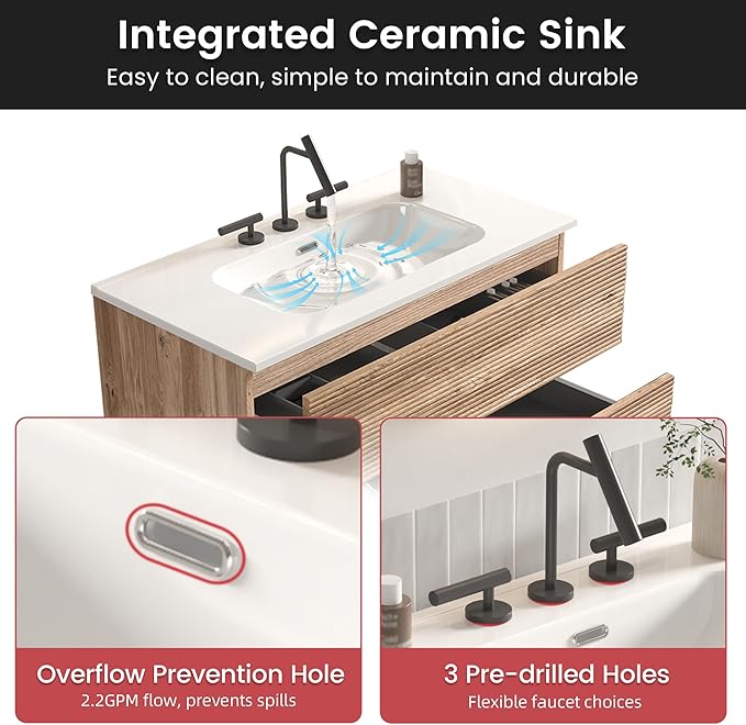 36" Floating Bathroom Vanity with Sink, Modern Wall Mounted Floating Vanity with Ceramic Sink, Double Soft-Close Drawers for Apartment, Hotel, Rough Oak