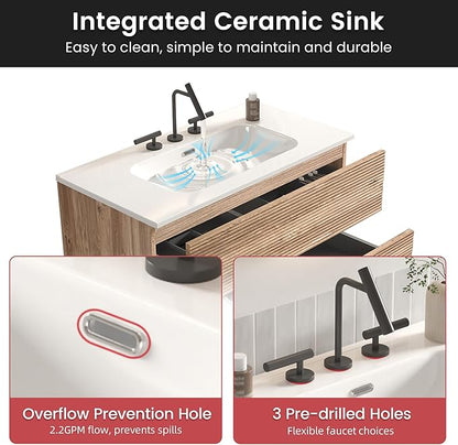36" Floating Bathroom Vanity with Sink, Modern Wall Mounted Floating Vanity with Ceramic Sink, Double Soft-Close Drawers for Apartment, Hotel, Rough Oak