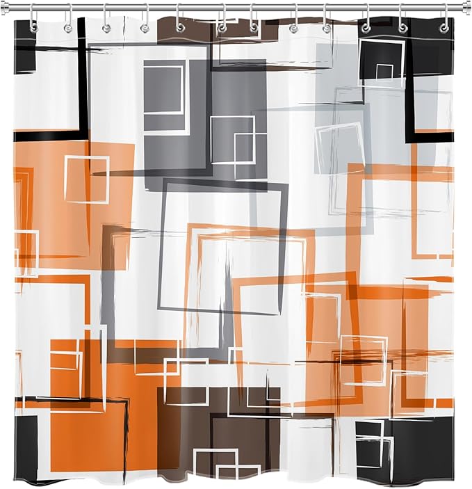 Abstract Geometric Orange Shower Curtain Sets with Rugs, Gray Black and White Geometric Textured Bathroom Curtain Polyester Fabric Bathroom Decoration Shower Curtain Set,70L X 70W Inches