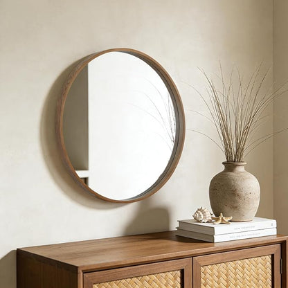 Wood Round Mirror with Wood Frame 24 inch Circle Wall Mirror for Bathroom Round Wall Mirror for Wall Decor, Vanity, Entryway Living Room (Walnut)