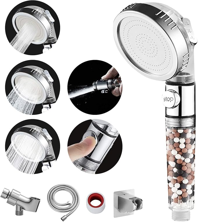 MIAOHUI Zenbody Shower Head with Filter Beads, Shut Off Button | 3 Modes Handheld Filtered Showerhead with On Off Switch, Shower Wand+Hose+Adjustable Bracket+Self-adhesive Holder