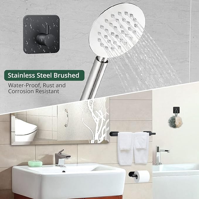 JiGiU 16-Inch Towel Bar, Self Adhesive Bath Hardware Set Bathroom Towel Holder with Toilet Paper Holder & 3 Packs Towel Hooks Stainless Steel Bathroom Hardware Accessory Kit, No Drilling-Black | Wall Mounted Towel Holder, Bathroom Accessories, Stainles...