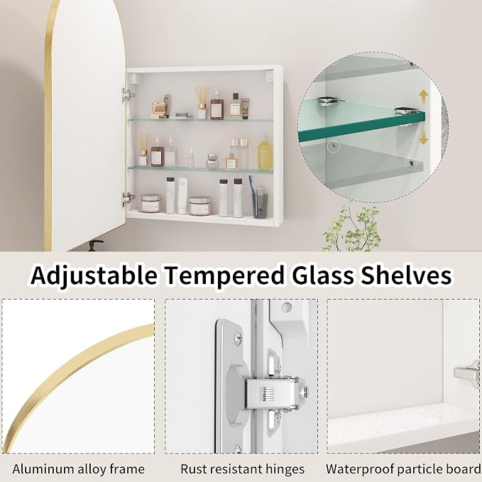 FKWin Medicine Cabinet Mirror, Surface Mount for Small Bathroom, 20x32 Inch | Mirror Medicine Cabinet, Large Storage, Adjustable Shelves, Reversible Door, Space-Saving Design for Small Bathroom, Gold