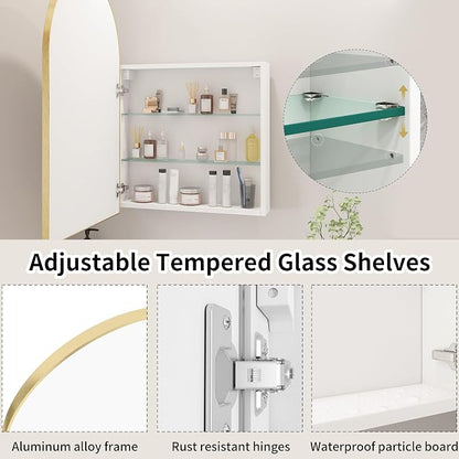 FKWin Medicine Cabinet Mirror, Surface Mount for Small Bathroom, 20x32 Inch | Mirror Medicine Cabinet, Large Storage, Adjustable Shelves, Reversible Door, Space-Saving Design for Small Bathroom, Gold