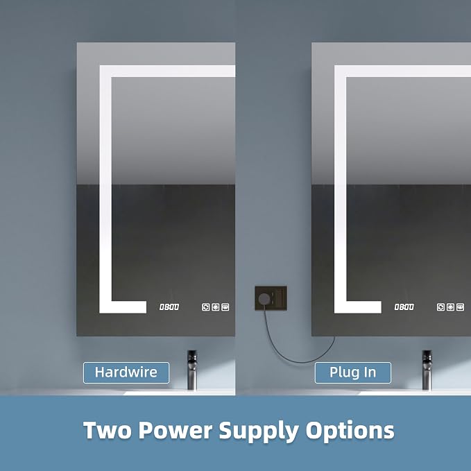 Medicine Cabinet with Lights 24x30 Anti-Fog Mirror Dimmable | 3 Color Dimmable LED. Time Temp Display. Anti-Fog IP44. 2 Outlets+2 USB. Plug-in/Hardwired. Recessed/Wall Mount. Left Hinge.