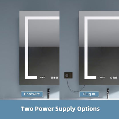 Medicine Cabinet with Lights 24x30 Anti-Fog Mirror Dimmable | 3 Color Dimmable LED. Time Temp Display. Anti-Fog IP44. 2 Outlets+2 USB. Plug-in/Hardwired. Recessed/Wall Mount. Left Hinge.