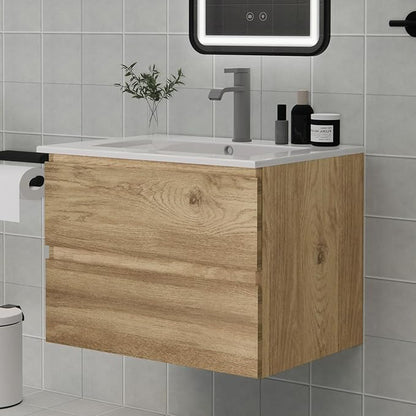 Wall-Mounted Bathroom Vanity with 2 Soft-Close Drawers – Moisture-Resistant MDF, Space-Saving Design for Modern Bathrooms (Nature Without Sink, 24)