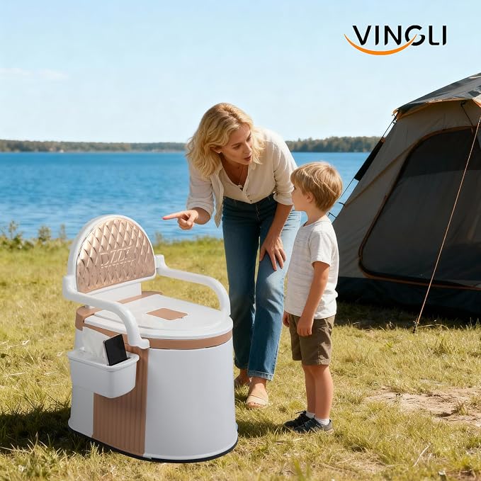 VINGLI Portable Toilet | Back & Handrail Design Commode with 5 Gallon Bucket Inner, Camping RV Toilet for Adult, Kids, Home, Boat, Van, Travel, Orange