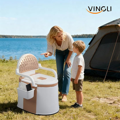 VINGLI Portable Toilet | Back & Handrail Design Commode with 5 Gallon Bucket Inner, Camping RV Toilet for Adult, Kids, Home, Boat, Van, Travel, Orange