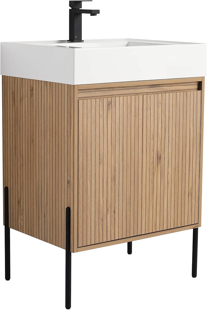 Crownpoint 24 Inch Bathroom Vanity with Sink, White Sink, Bright Oak Finish, Full Assembly Required, Elegant Bathroom Vanities for Modern Homes