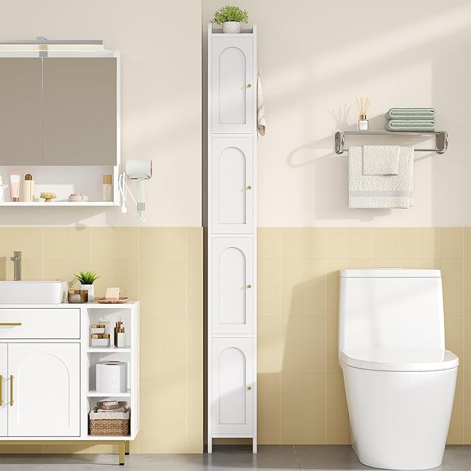 Bathroom Storage Cabinet, Tall Corner Floor Cabinet with 4 Doors and Adjustable Shelf, Narrow Toilet Paper Cabinets, Bathroom Organizer for Small Spaces, 7.9" D x 7.9" W x 70.9" H White