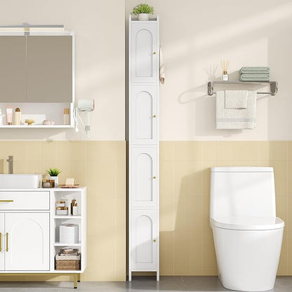 Bathroom Storage Cabinet, Tall Corner Floor Cabinet with 4 Doors and Adjustable Shelf, Narrow Toilet Paper Cabinets, Bathroom Organizer for Small Spaces, 7.9" D x 7.9" W x 70.9" H White
