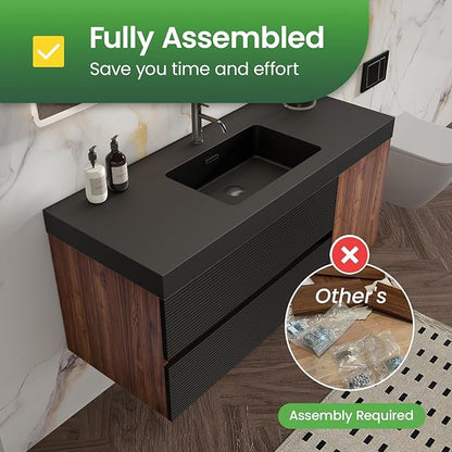 48 Inch Bathroom Vanity with Sink, Floating Bathroom Cabinet with 2 Soft-Closing Drawers & 1 Door, Large Storage for Apartment, Hotel, Walnut+Black, Black Sink(Already Assembled)