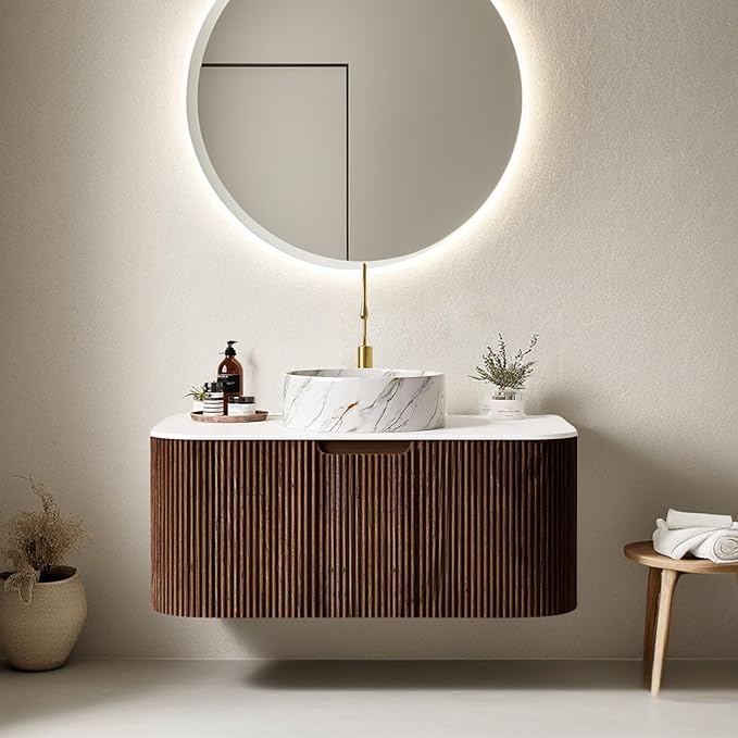 36" Floating Bathroom Vanity with Sink, Wall-Mount Modern Bathroom Cabinet with Ultra-Thin Ceramic Basin and Marble Top, Large Storage Drawer, Soft-Close Design, Dark Walnut