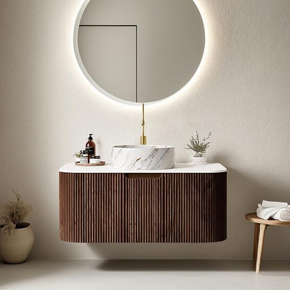 36" Floating Bathroom Vanity with Sink, Wall-Mount Modern Bathroom Cabinet with Ultra-Thin Ceramic Basin and Marble Top, Large Storage Drawer, Soft-Close Design, Dark Walnut