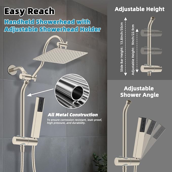Hibbent 10'' Rainfall Showerhead with 4-mode Handheld Spray, Brushed Nickel | cUPC Certified High Pressure Showerhead Combo, 12'' Adjustable Extension Arm, Extension Bar, Easy Reach Holder, 71'' Hose