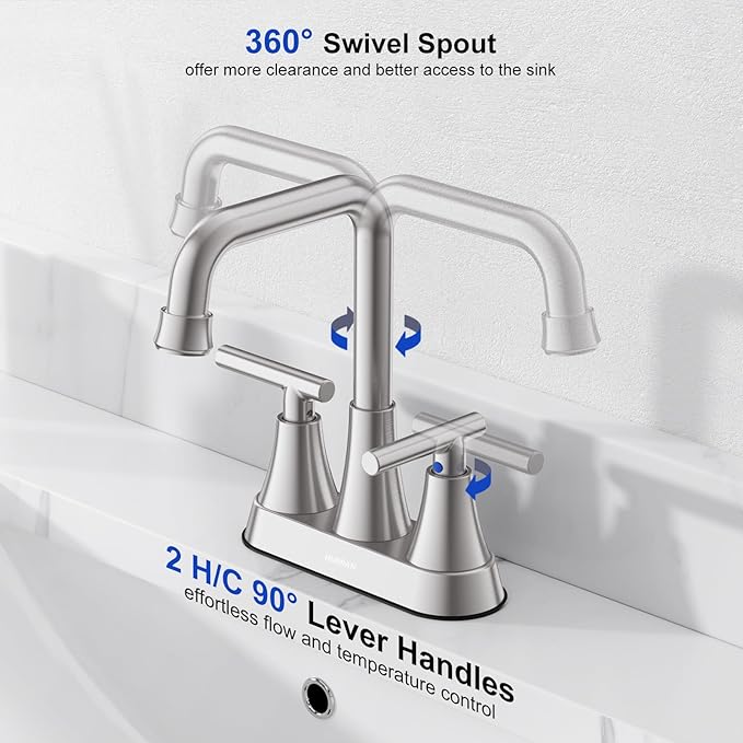 Bathroom Sink Faucet, Hurran 4 inch Brushed Nickel Bathroom Faucets for Sink 3 Hole with Pop-up Drain and Supply Hoses, 2-Handle Centerset Faucet for Vanity RV Farmhouse, 2 Pack