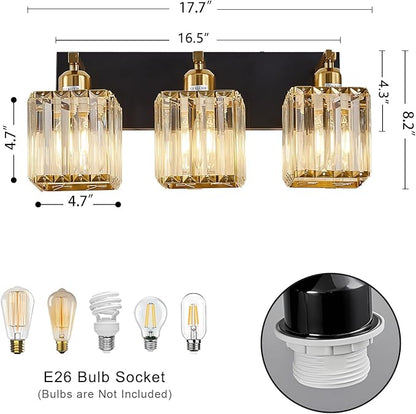 Modern Crystal Bathroom Lights Fixtures Black Gold 3-Lights Bathroom Vanity Lights Over Mirror Brass Vanity Lighting Fixtures Crystal Wall Lighting with Polished Gold Finish