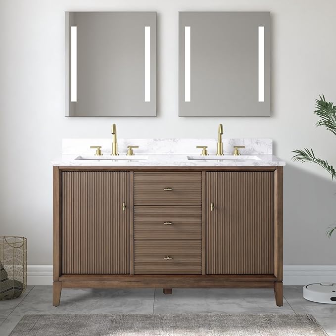 Vanity Art 54" Bathroom Vanity with Double Sink & Arabescato White Engineered Stone Top, Vanity Cabinet with Soft Closing Door, Solid Wood Frame, Golden Brushed Handles, Walnut VA8154D-Walnut-GB
