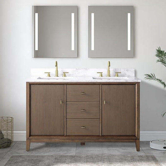 Vanity Art 54" Bathroom Vanity with Double Sink & Arabescato White Engineered Stone Top, Vanity Cabinet with Soft Closing Door, Solid Wood Frame, Golden Brushed Handles, Walnut VA8154D-Walnut-GB