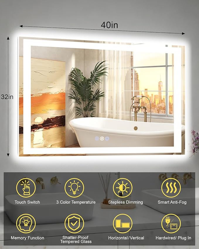 40x32 LED Bathroom Mirror, 6000LM, Separate Front and Back Lights | UL Certified,Shatter-Resistant Tempered Glass,Auto-Off Defogger,3 Color Modes,Smooth Dimming,Smart Memory Setting