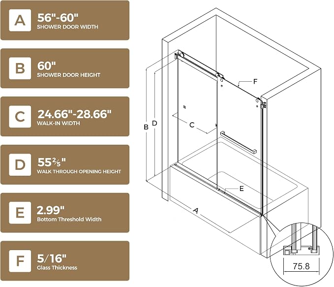 Frameless Stainless Steel Sliding Shower Door, 56-60" W x 60" H - 5/16" (8mm) Thick Tempered Glass Rust-Proof Glass Shower Door with Dual Tracks in Matte Black