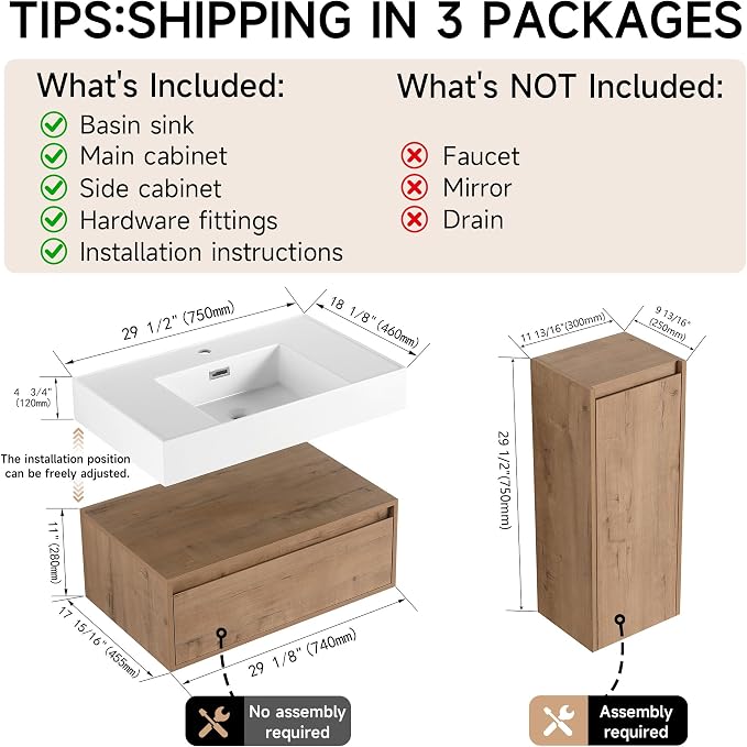 30 Inch Floating Bathroom Vanity with Sink, Modern Wall-Mounted Bathroom Cabinet with Resin Sink & Soft Close Drawer, Split-Level Layout (Nature Oak, 30"+1 Side Cabinet)