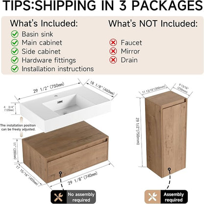 30 Inch Floating Bathroom Vanity with Sink, Modern Wall-Mounted Bathroom Cabinet with Resin Sink & Soft Close Drawer, Split-Level Layout (Nature Oak, 30"+1 Side Cabinet)