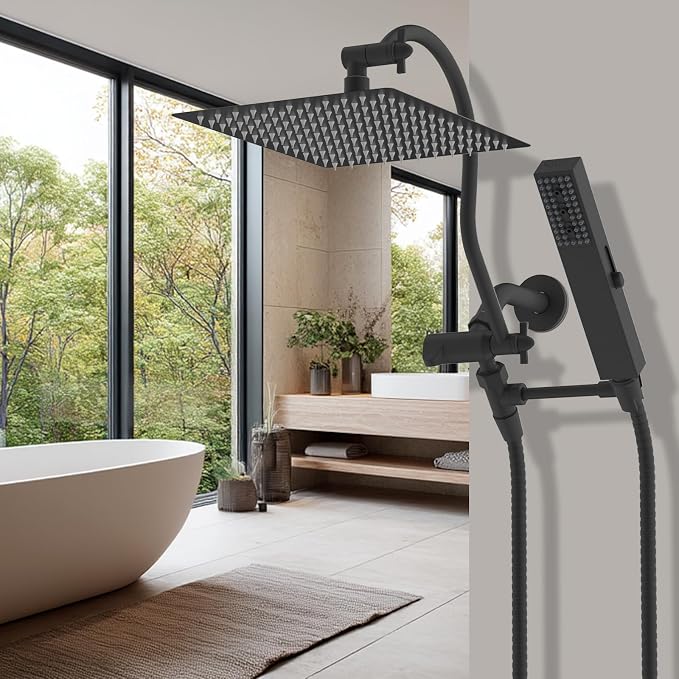 Hibbent All Metal cUPC Certified Shower Head, 12'' High Pressure Rainfall Showerhead Combo, Handheld Shower Wand, 12'' Adjustable Extension Arm, 4-Spray, 71'' Hose, Brass Shower Holder, Matte Black