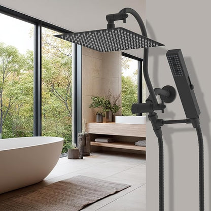 Hibbent All Metal cUPC Certified Shower Head, 12'' High Pressure Rainfall Showerhead Combo, Handheld Shower Wand, 12'' Adjustable Extension Arm, 4-Spray, 71'' Hose, Brass Shower Holder, Matte Black