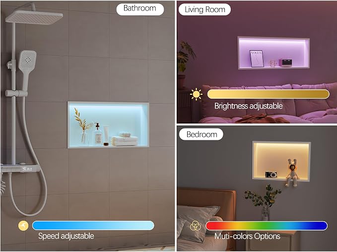 RGB LED Light Shower Niche, White 36X12 in Stainless Steel Built-in Storage with Remote Control, Waterproof No Tile Needed Wall Niche for Bathroom Storage Built-in Installation