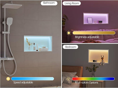 White Stainless Steel Shower Niche 18x12Inch, Dimmable RGB Led Light Wall Niche, No Tile Needed Recessed for Bathroom Storage Built-in Installation