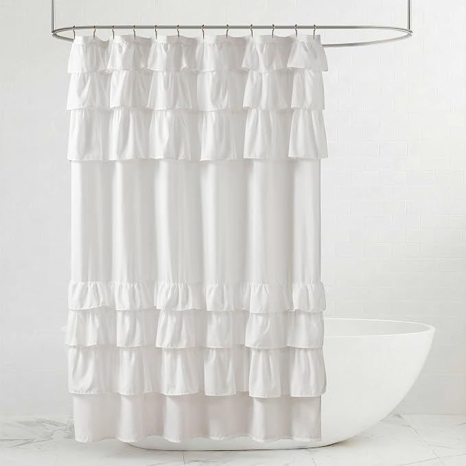 Madison Park Grace Ruffle Shower Curtain for Bathroom, 72"x 72", White | Farmhouse Cottage Top, Machine Washable, Shabby Chic Ruffled Decor Fabric, Privacy Screen, Solid Color