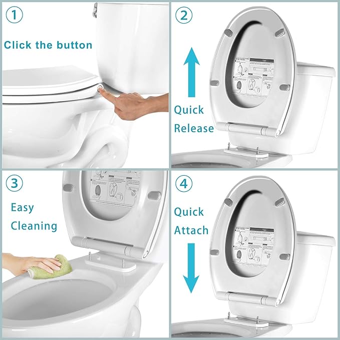 Hibbent Premium Elongated Toilet Seat with Quiet Close, One-Click to Quick Release, Installation Non-Slip Seat Bumpers, Slow Toilet Seat and Cover, Cleaning-White Color