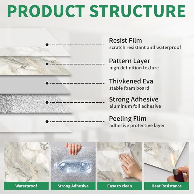 10pcs Marble Peel and Stick Backsplash Wall Tiles, Waterproof Shower Wall Panels, 11.8"x11.8" Peel and Stick Tile for Home Bathroom, Kitchen, Washroom, Living Room, White and Gold (Not Real Tile)