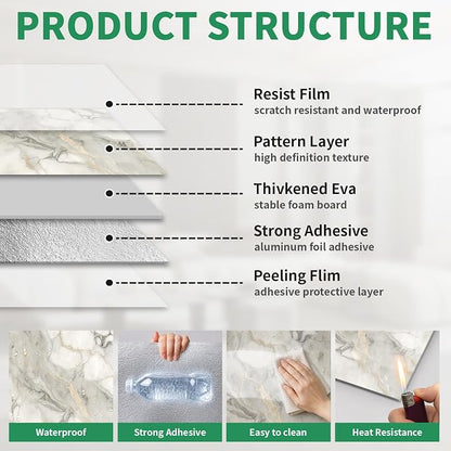 10pcs Marble Peel and Stick Backsplash Wall Tiles, Waterproof Shower Wall Panels, 11.8"x11.8" Peel and Stick Tile for Home Bathroom, Kitchen, Washroom, Living Room, White and Gold (Not Real Tile)