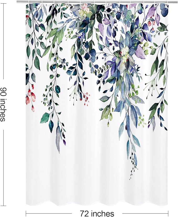 Green Eucalyptus Shower Curtain, Watercolor Floral Print, 72x90 | Watercolor Plant Leaves Floral Print, Extra Long Waterproof Fabric Bathroom Decor, Machine Washable, Rustproof Grommets