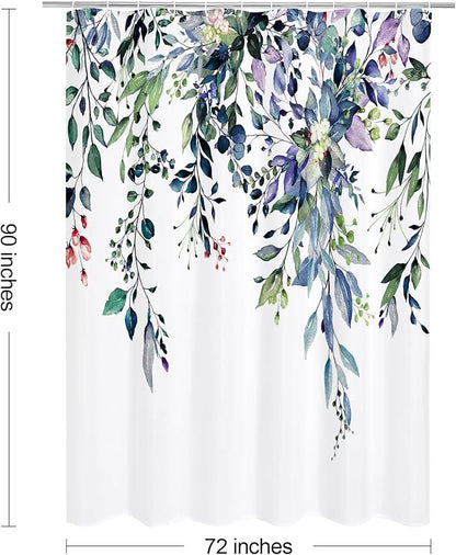 Green Eucalyptus Shower Curtain, Watercolor Floral Print, 72x90 | Watercolor Plant Leaves Floral Print, Extra Long Waterproof Fabric Bathroom Decor, Machine Washable, Rustproof Grommets