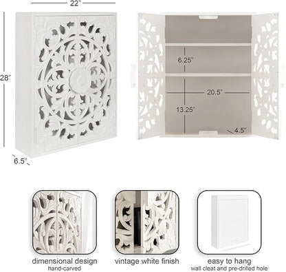 Kate and Laurel Saanvi Traditional Carved Wood Floating Bathroom Wall Cabinet, 22 x 7 x 28, White, Dimensional Over the Toilet Storage Cabinet for Use as Bathroom Storage or Entryway Decor and Display
