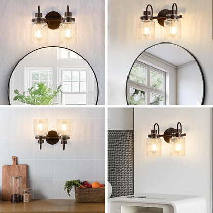 2 Lights Bathroom Vanity Light, Oil Rubbed Bronze Bathroom Light Fixtures with Hammered Glass Lampshade for Dressing Table,Over Mirror,Hallway