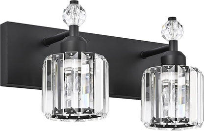 PRESDE 2-Light Crystal Bathroom Lights Fixtures Modern Matte Black Wall Lighting Over Mirror