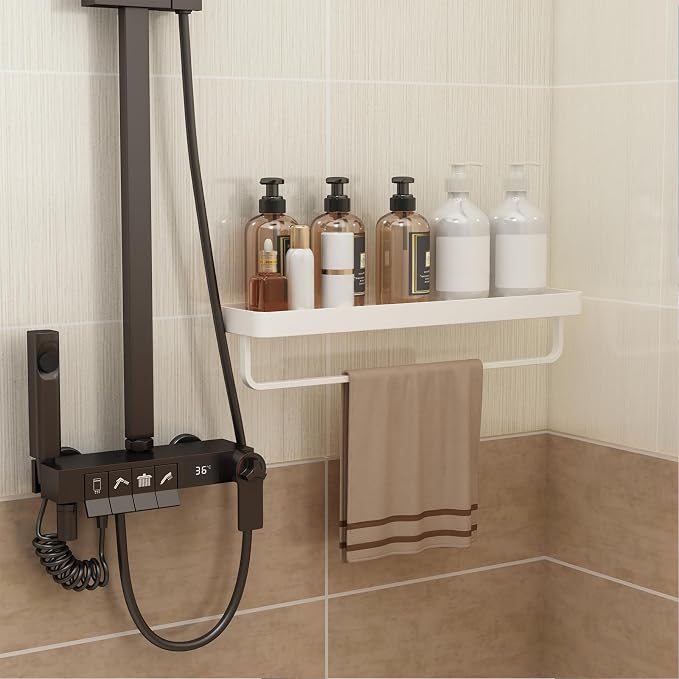 20 Inch Long Floating Bathroom Shelf with Towel Bar, Clear Tempered Glass Wall Shelf for Bathroom Storage Organizer, Matte White