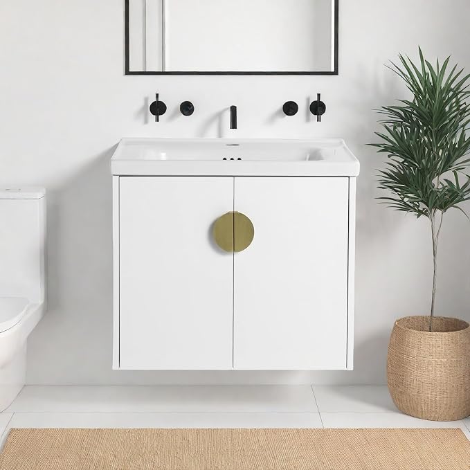 Floating Bathroom Vanity with Sink, 24" Wall-Mounted Vanity with Ceramic Basin & 2 Soft-Close Doors Cabinet, Small Bathroom Storage Cabinet with Metal Semi-Circle Handle, Gloss White