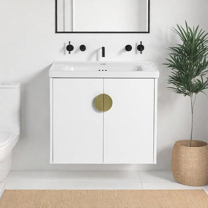 Floating Bathroom Vanity with Sink, 24" Wall-Mounted Vanity with Ceramic Basin & 2 Soft-Close Doors Cabinet, Small Bathroom Storage Cabinet with Metal Semi-Circle Handle, Gloss White