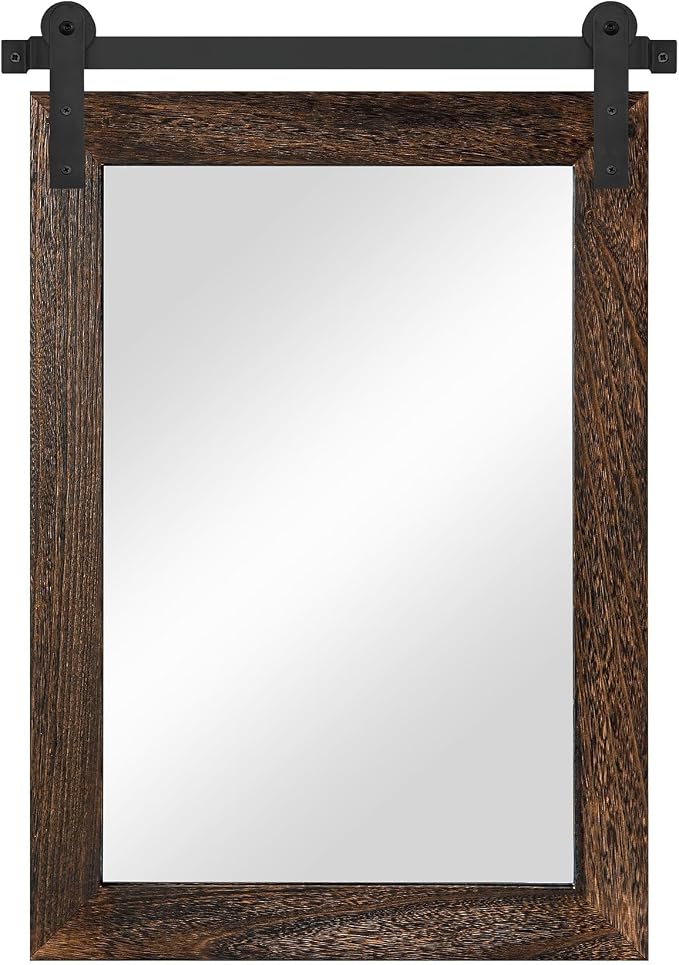 COGOOD Farmhouse Bathroom Mirrors for Over Sink - 38 x 25 Black Brown | Rustic Barn Door Wood Framed Vanity Mirror for Entryway, Living Room, Bedroom, Dresser Wall Decor