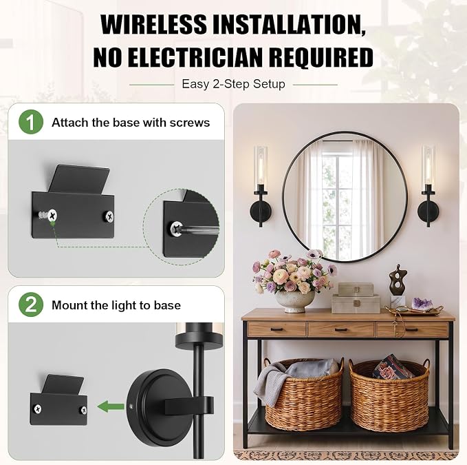 MOKATNG Battery Operated Wall Sconce Set of 2，Black Wireless Rechargeable Wall Lighting Fixtures with Remote Control，Dimmable Wall Light for Bathroom ，Vanity, Living Room, Bedroom, Hallway, Stairway